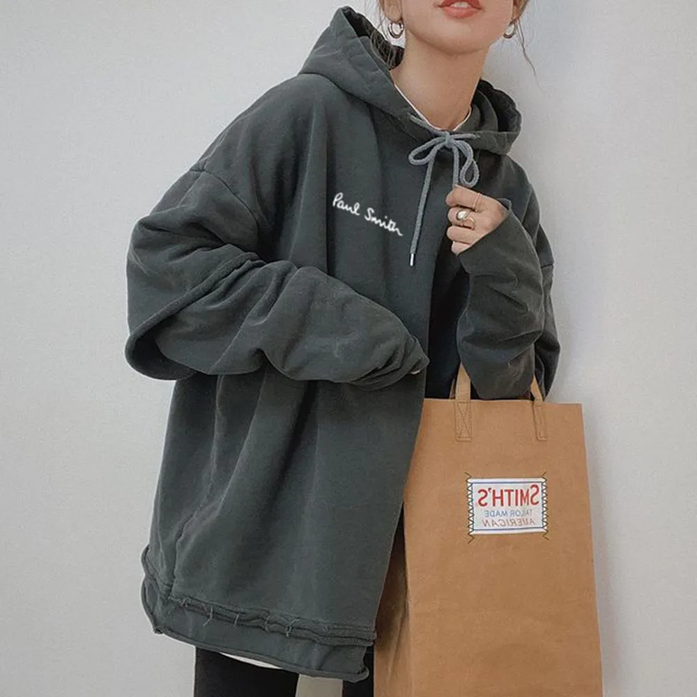

Japanese Loose Casual Preppy Women Hoodie Sweater Neutral Youthful Double-Layer Lace-Up Print Mid-Length Female Hooded Top