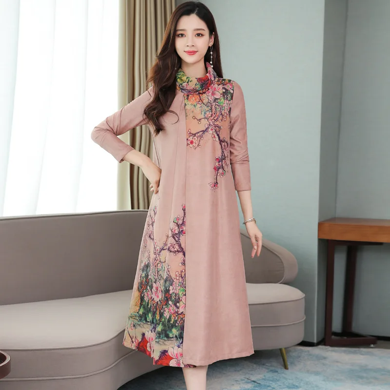 

2019 new autumn and winter retro fake two long splice sleeve dress large size M-3XL high quality elegant Women Party Vestidos