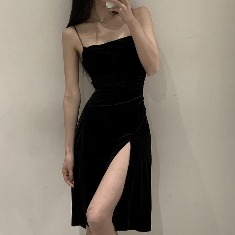 

Adora Sexy Party Dress Women Fashion Slim Sleeveless Straight Dresses Solid Slit Nightclub Ball Women's Halter Middle-skirt Hot