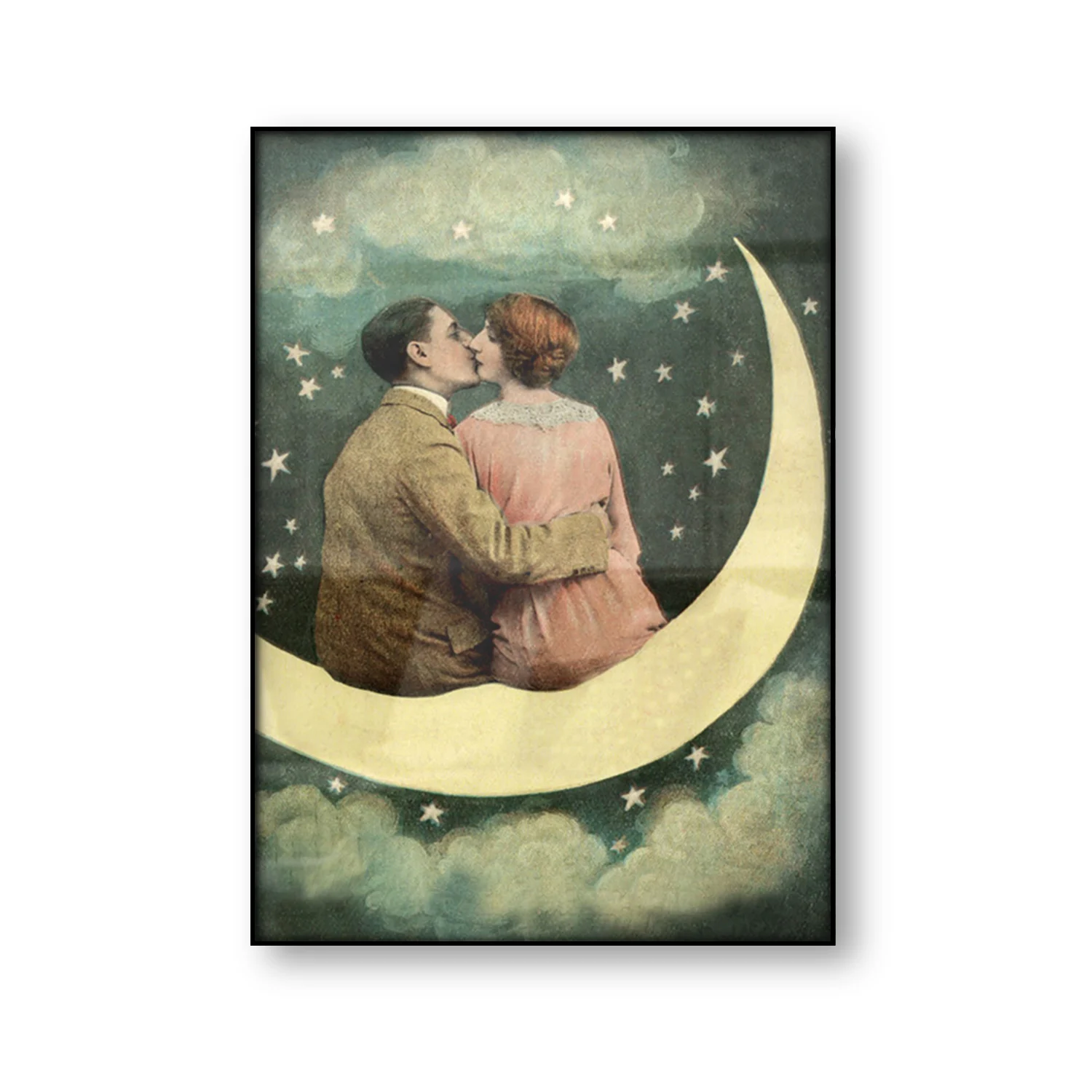 

Vintage Poster Couple Kissing Wall Art Canvas Print Crescent Moon Art Antique Paper Moon Love Art Picture Home Decoration 1920s