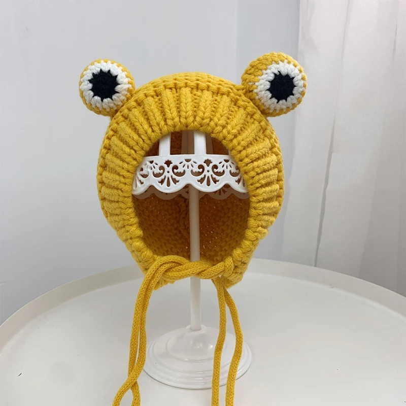 

Kids Baby Winter Warm Chunky Cable Knitted Beanie Hat Cute Cartoon Frog Shaped Warm Plush Lined Windproof Earflap Cap