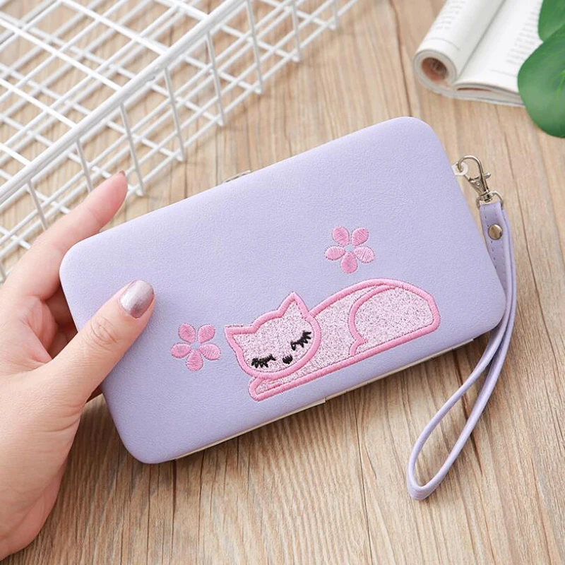 

New Cartoon Long Female Wallet Embroidered Cat Large Capacity Clutch Bag Classic Style Ladies Purse Cute Card Wallet