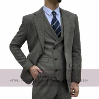 mens tweed 3pic suit herringbone dress blazer double breasted vest and pants wool