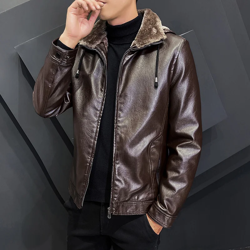 

Men's Leather Jacket Autumn/winter 2021 new coat Leather hooded coat Velvet heavy motorcycle coat thermal windbreaker