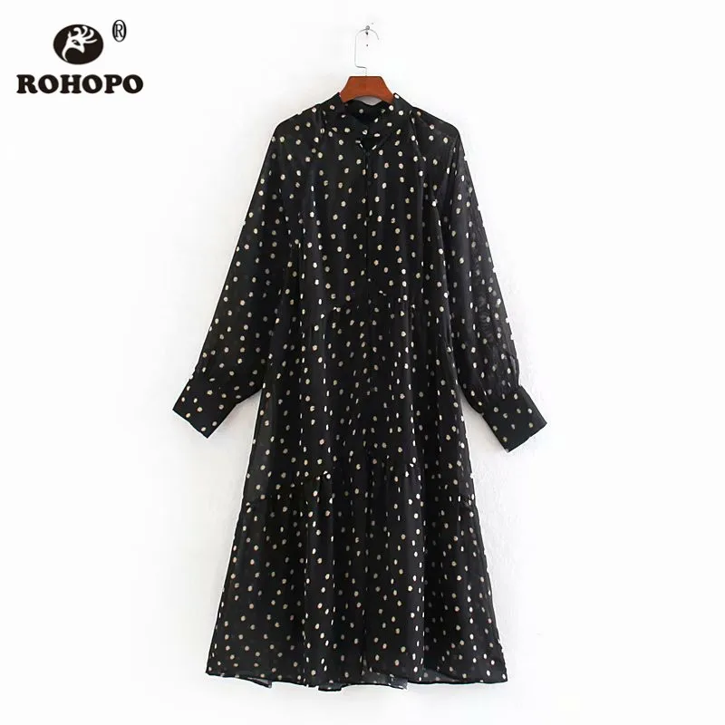 ROHOPO Round Collar Long Sleeve Polk Dot Printed Black Midi Chiffon Blouse Dress Cascading Ruffles Seashell Waist Vestido #9518 | Женская