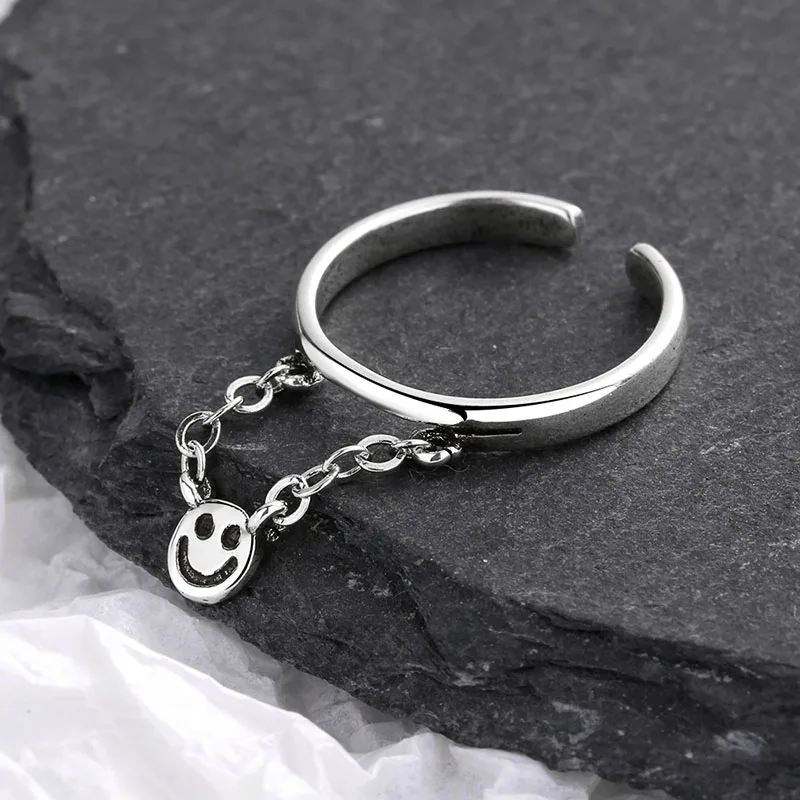 

Foxanry 925 Sterling Silver Wedding Rings Creative Smiling Face Chain Handmade anillos for Women Couples Size 16mm Adjustable