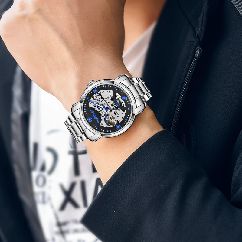 Лидирующий бренд WINNER синие стрелки из нержавеющей стали Скелет открытая работа