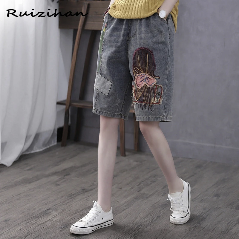 

RUIZIHAN Women's Jeans Short Jeans Embroidered Retro Shorts 2021 Summer And Autumn New Pants With Oversized Loose Five Point
