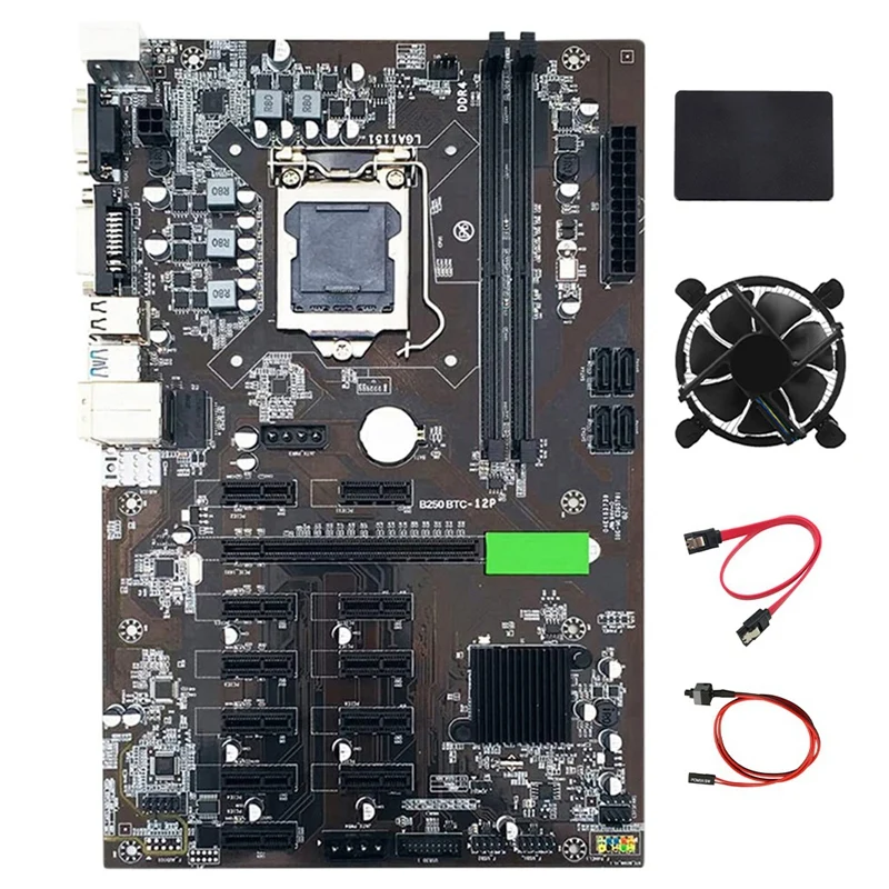 

B250 BTC Mining Machine Motherboard 12 PCIE LGA1151 with SATA SSD 120G+Cooling Fan+SATA Cable+ Switch Cable Support DDR4
