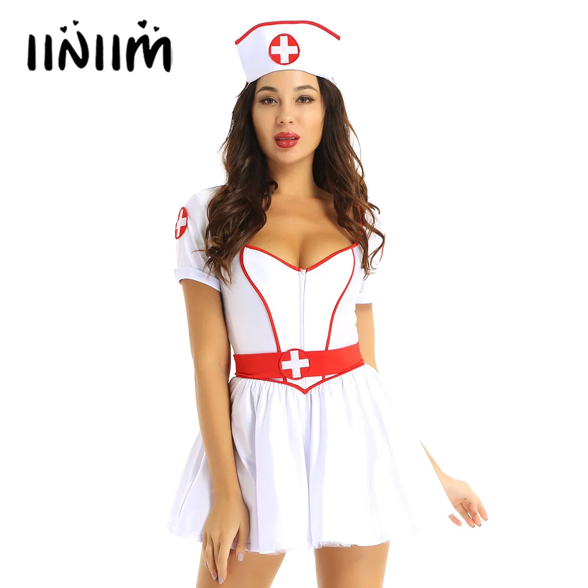

Womens Adults Naughty Nurse Costume Halloween Party Outfit Sweetheart Neckline Short Sleeves Tutu Dress with Headband and Belt