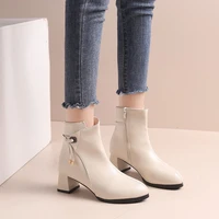 ankle boots womens thick high heels pointed leather short shoes ladies 2022 autumn nude boots
