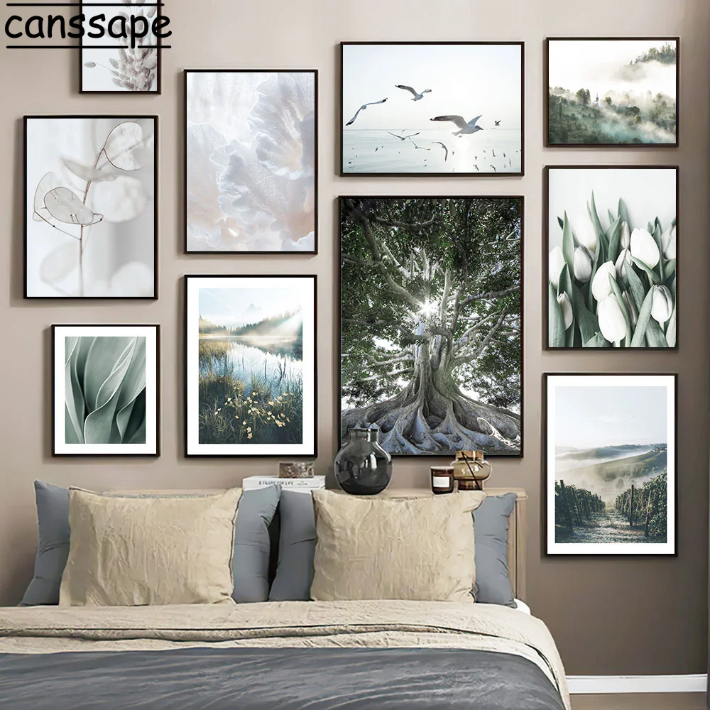 

Landscape Poster Towering Tree Wall Art Print Lake Birds Posters Flower Canvas Painting Nordic Wall Pictures Living Room Decor