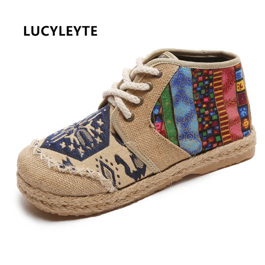 

Vintage Embroidered Women's Shoes Boho Cotton Linen Canvas Single Country Knit Round Toe Lace-up Cloth Shoes Women's Flats