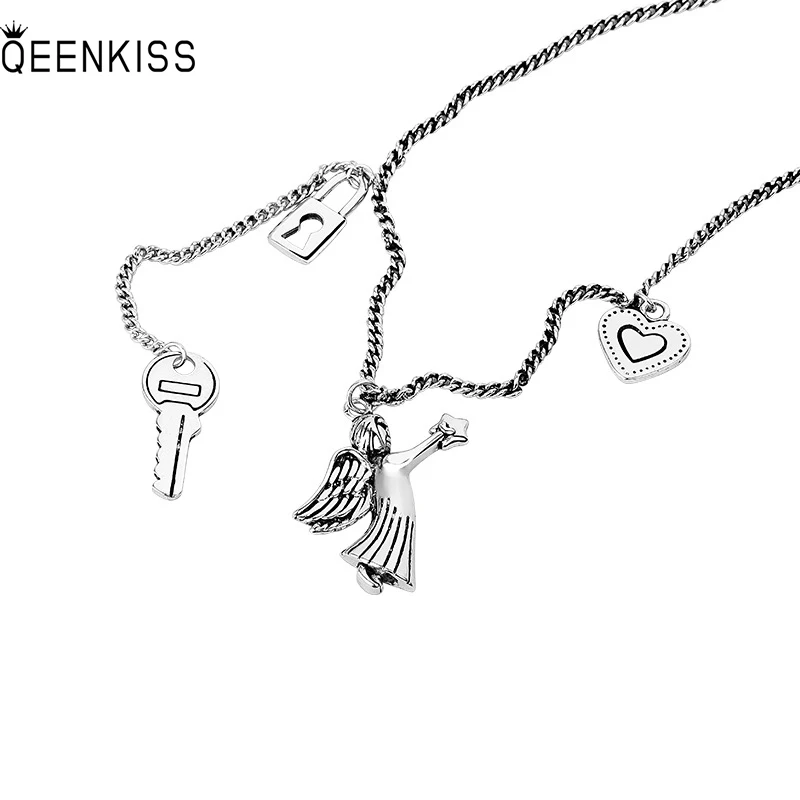 

QUEENKISS NC671Fine Jewelry Wholesale Fashion Lady Girl Birthday Wedding Gift Angel Heart 925 Sterling Silver Pendant Necklace