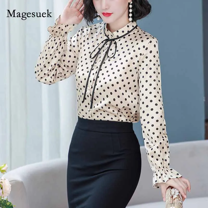 Office Lady Blouses Women Casual Autumn Long Sleeve Chiffon Blouse Women 2020 Polka Dot Button Cardigan Women Solid Shirt  10884