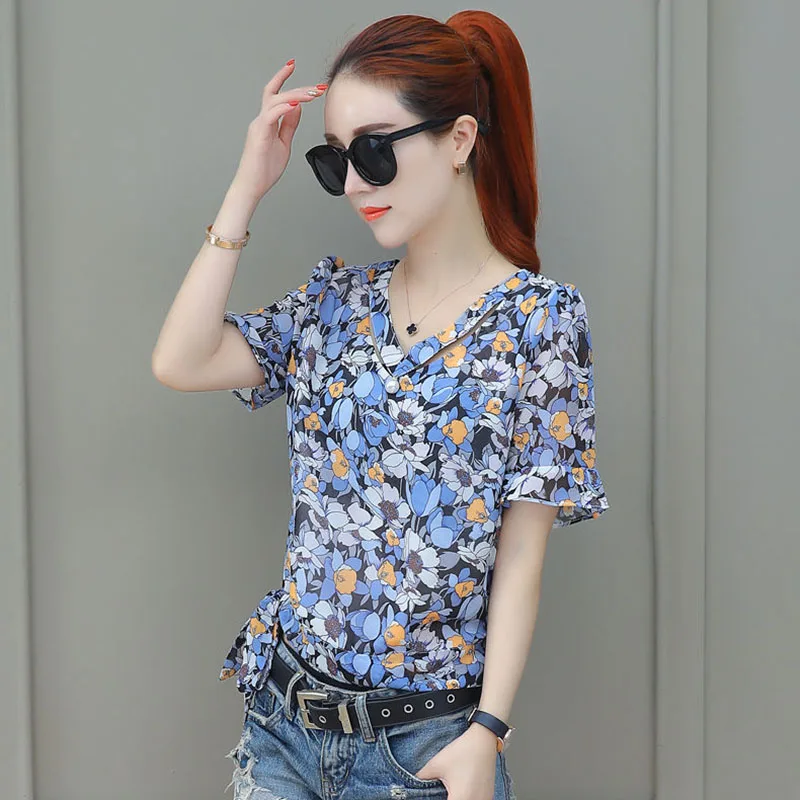 Женские шифоновые блузки рубашки в повседневном стиле с коротким Расклешенным