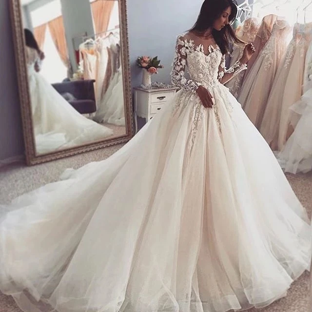 

ANGELSBRIDEP Ball Gown Long Sleeves Wedding Dresses Robe De Mariage Formal Applique Beading Court Train Bride Dress Custom Make