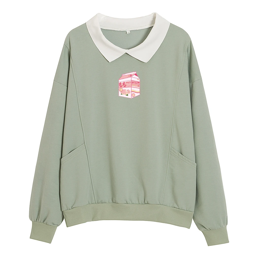 Womens Comfy Cute Sweatshirts Japanese Streetwear Clothes Woman Hoodies Kawaii Turn-down Collar Strawberry Printing Sweetshirts