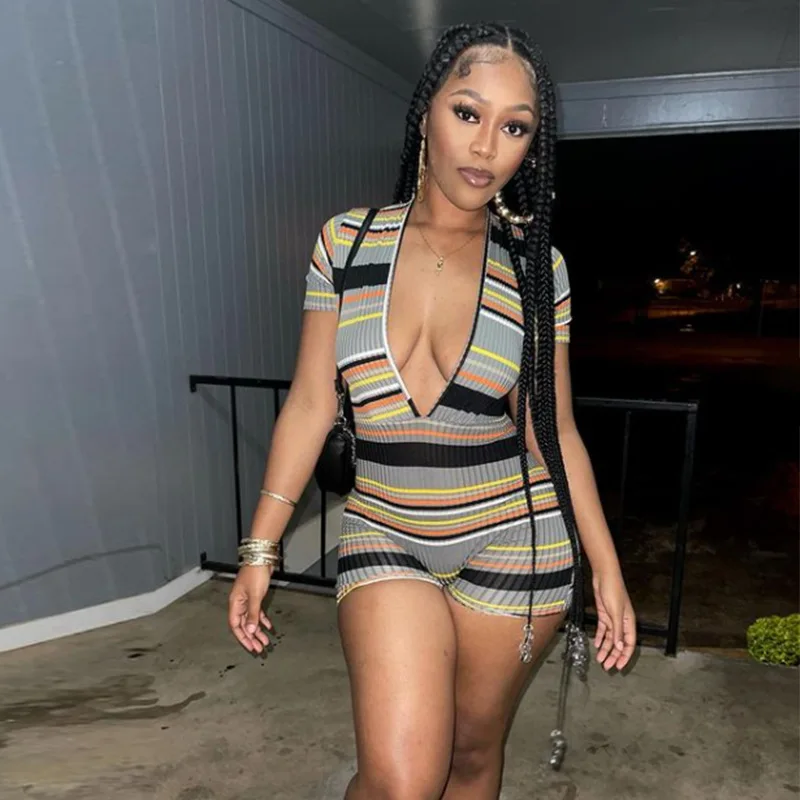 

Женский Летний Новый стильный тонкий спортивный комбинезон в полоску с V-образным вырезом