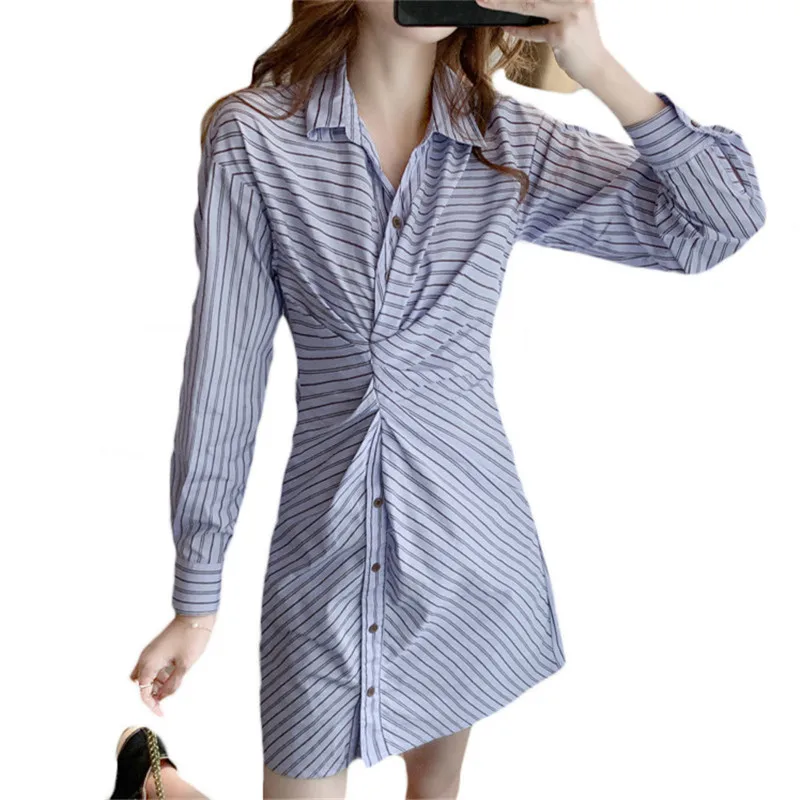

Spring Autumn Striped Shirt Dress Elegant Women's Cloting 2021 New Waist Thin Temperament Long-sleeved Dress F078
