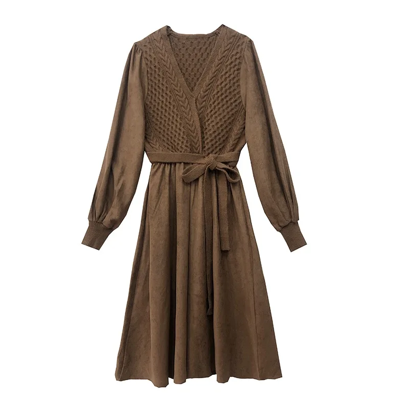 

ICHOIX New Autumn Winter Women Stitching Knitting V-Neck A-line Dresses Lady Retro Lantern Sleeve Dress
