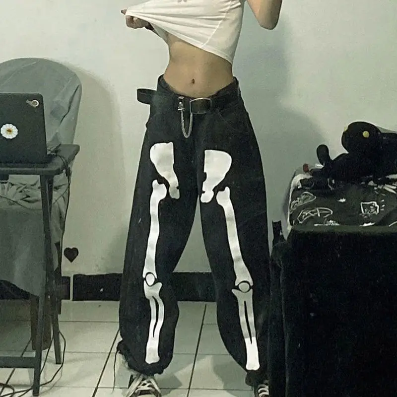 

HOUZHOU Skeleton Print Oversized Black Jeans Pants Denim Streetwear Women Hip Hop Harem Pants Grunge Vintage High Waist Trousers