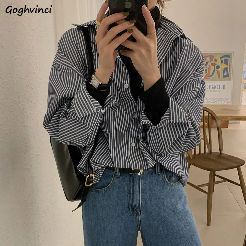 

Blouses Shirts Women Spring Striped All-match Office Lady Elegant Vintage Loose Womens Korean Style Chic Fashion Tops Ulzzang