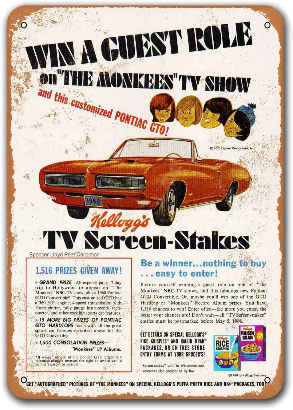 

Винтажные жестяные знаки Win a GTO Kellogg, металлические таблички Sisoso, Постер для бара, гаража, Ретро Декор стен 8x12 дюймов