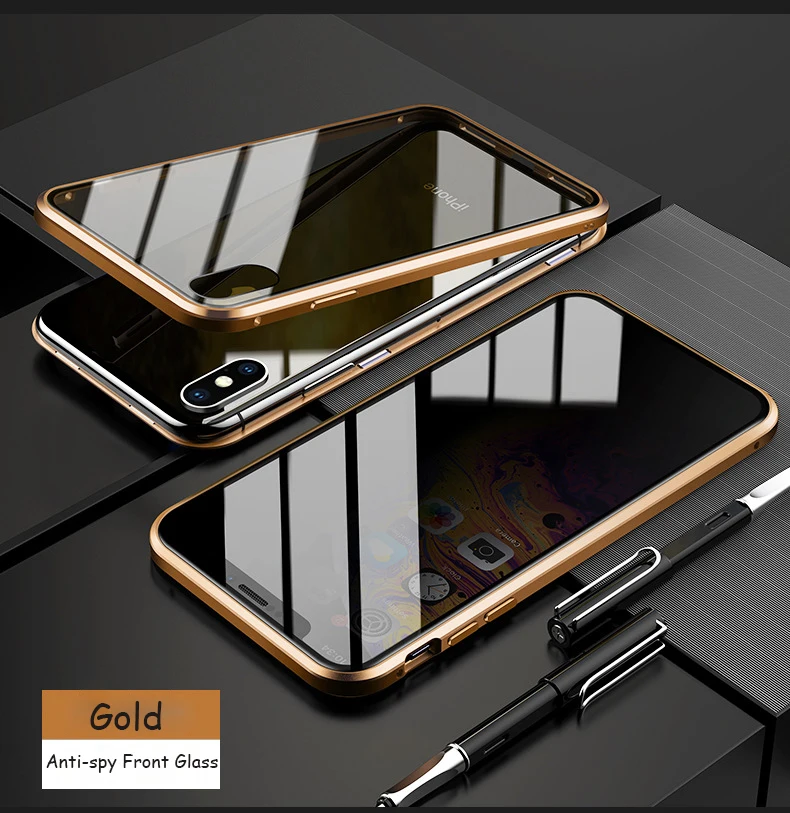 For iPhone Xs Xr Max Cover Luxury Clear Front Back Full Tempered Glass Magnetic Metal Frame Case 6S 7 8 Plus |