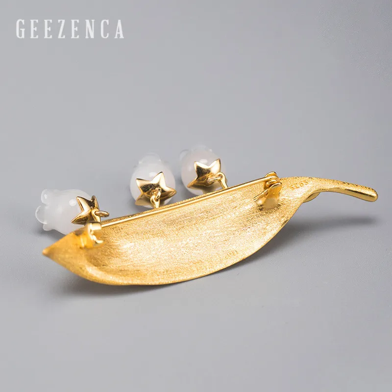 Женская брошь ручной работы из серебра 925 пробы с золотым листом и белым нефритом