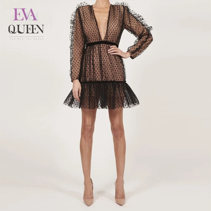 EvaQueen 2018 сетчатые кружевные сексуальные платья женское осеннее платье с глубоким