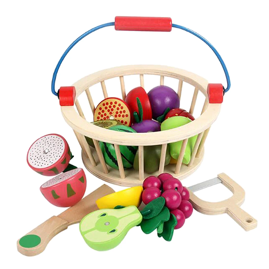 

12 Pieces Wooden Pretend Play Cutting Toys Kitchen Food Cutting Cookware