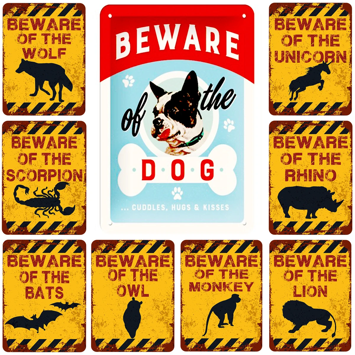 

Pay attention to that dog. Retro metal tin sign board painting classical iron painting wall decoration pet shop living room