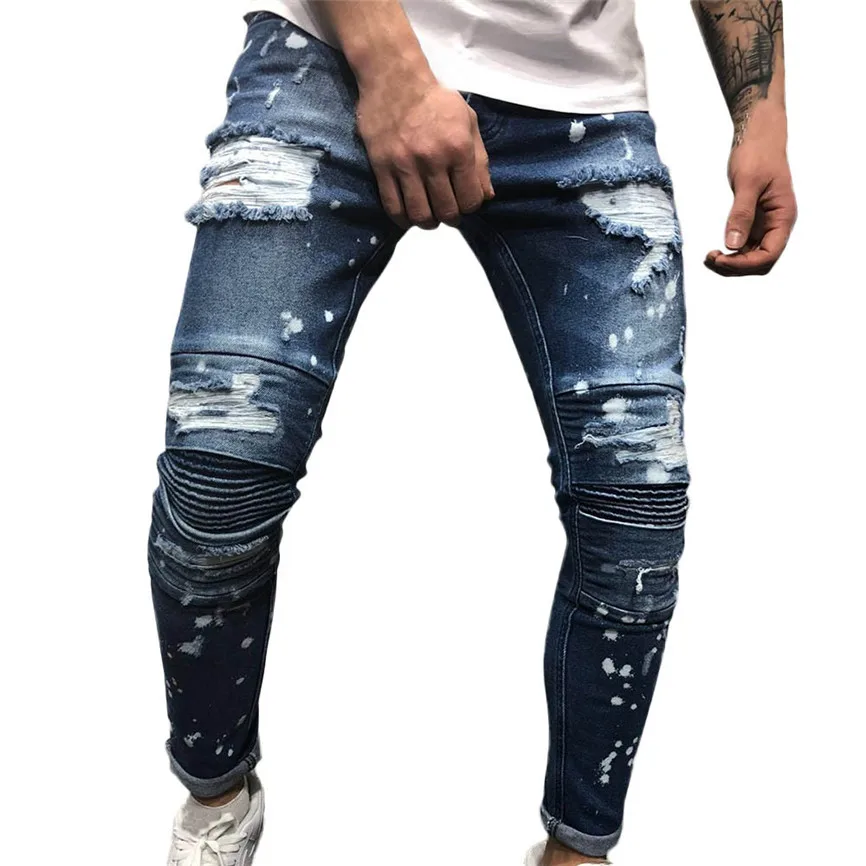 Мужские брюки для улицы мужские осенние джинсовые хлопковые Прямые рваные с