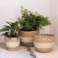 1pc nordic handmade straw storage basket flower pot plant container home desktop indoor outdoor decoration picnic household tool