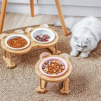 fashion high end pet bowl cartoon patterns bamboo frame ceramic bowl feeding and drinking bowls for dog cat accessory