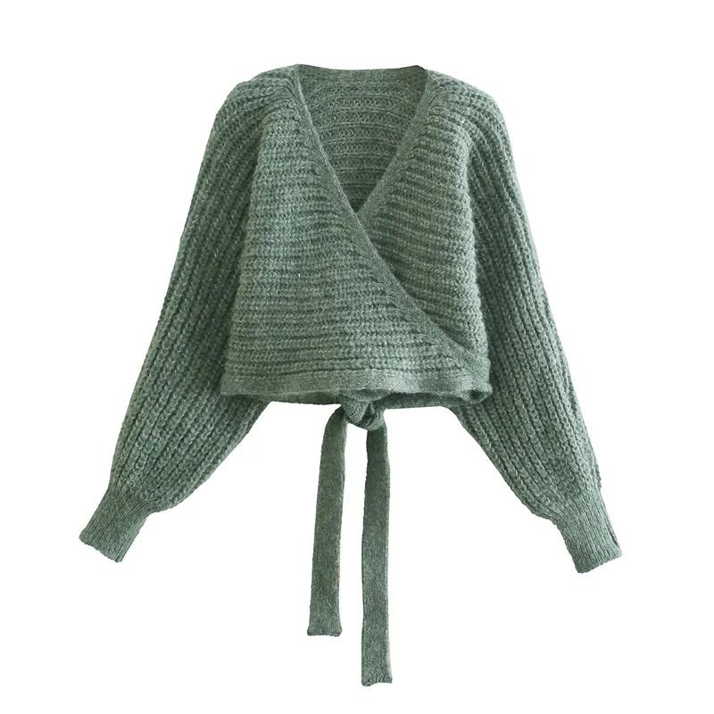 

Зеленый укороченный свитер TRAF, женские пуловеры, новинка 2022, Модный Топ с длинным рукавом и поясом, женская одежда, элегантный вязаный свите...