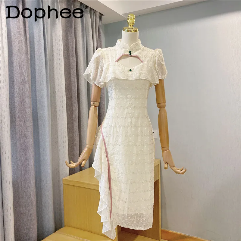 

French Retro Hollow Slim Waist Maxi Dress for Women Embroidered Tight Ruffled Stitching Birthday Dress Cheongsam Summer Clothing