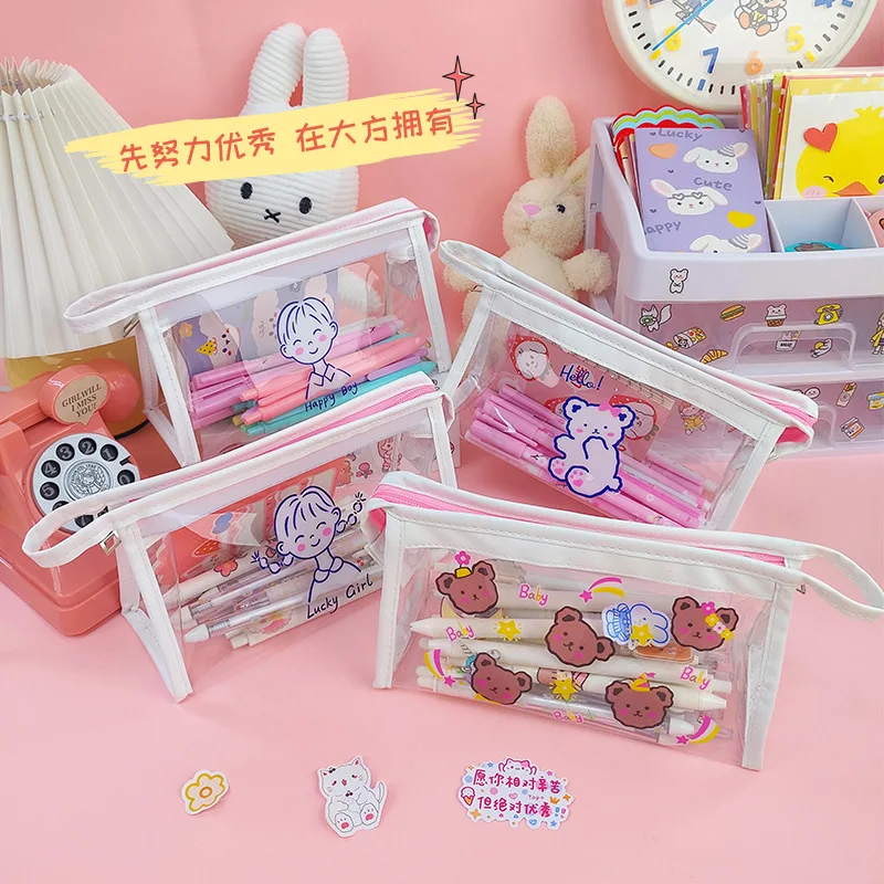 

Creative Cartoon Cute Transparent Pencil Case Junior High School Students High Pupils Stationery Bag Japanese Triangle Cosmetic
