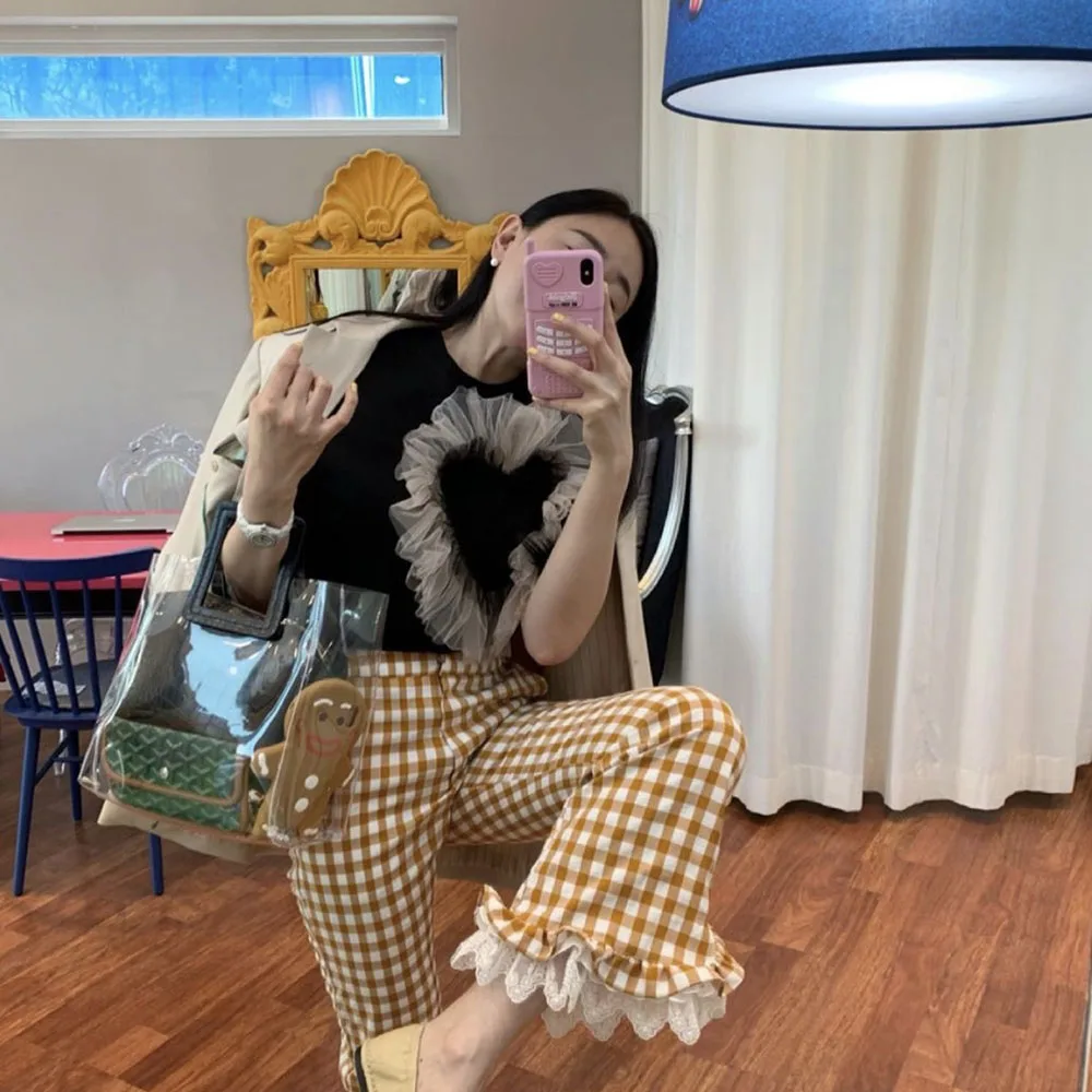 

Korean Fashion New Love Heart Shape Net Yarn Splicing Color Contrast Casual T-Shirt Simple Round Neck Summer