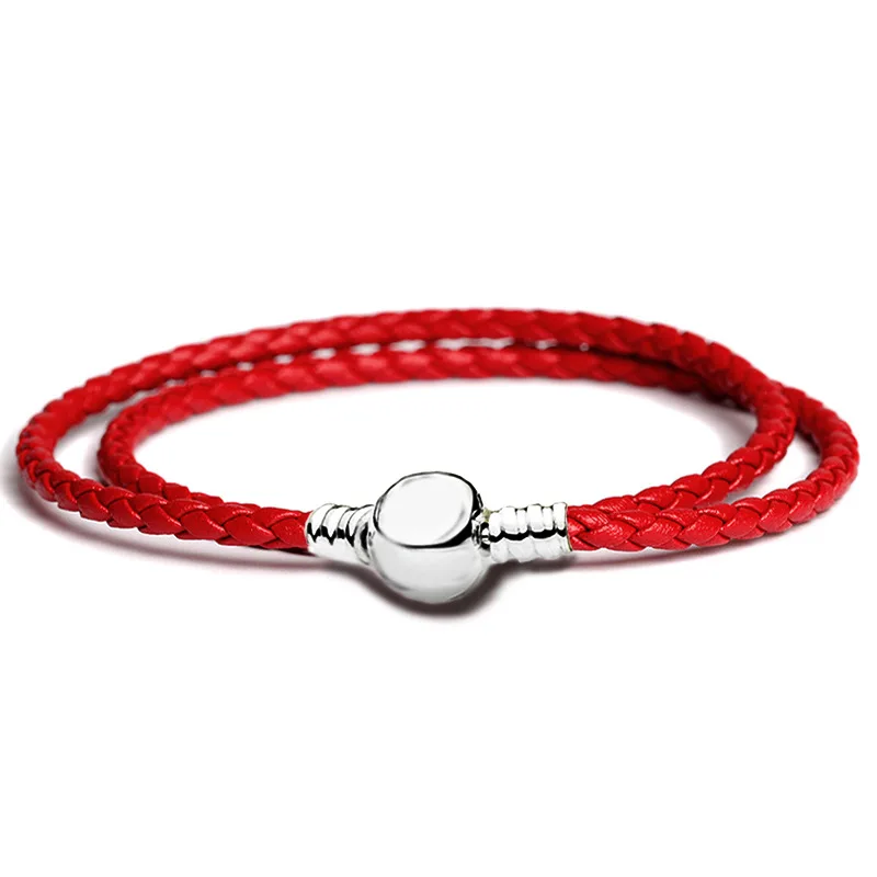 

Basic 925 Sterling Silver Fit original Pan Moments Double Woven Black Red Leather Bracelet DIY Charm beads Bracelets Jewelry