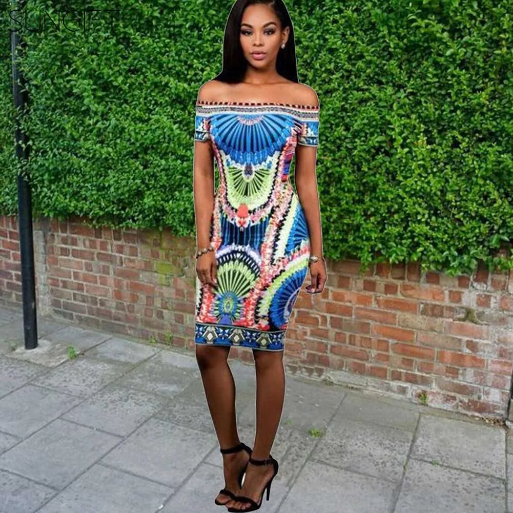 Женское платье мини SUNGIFT с открытыми плечами принтом в виде Дашики африканском