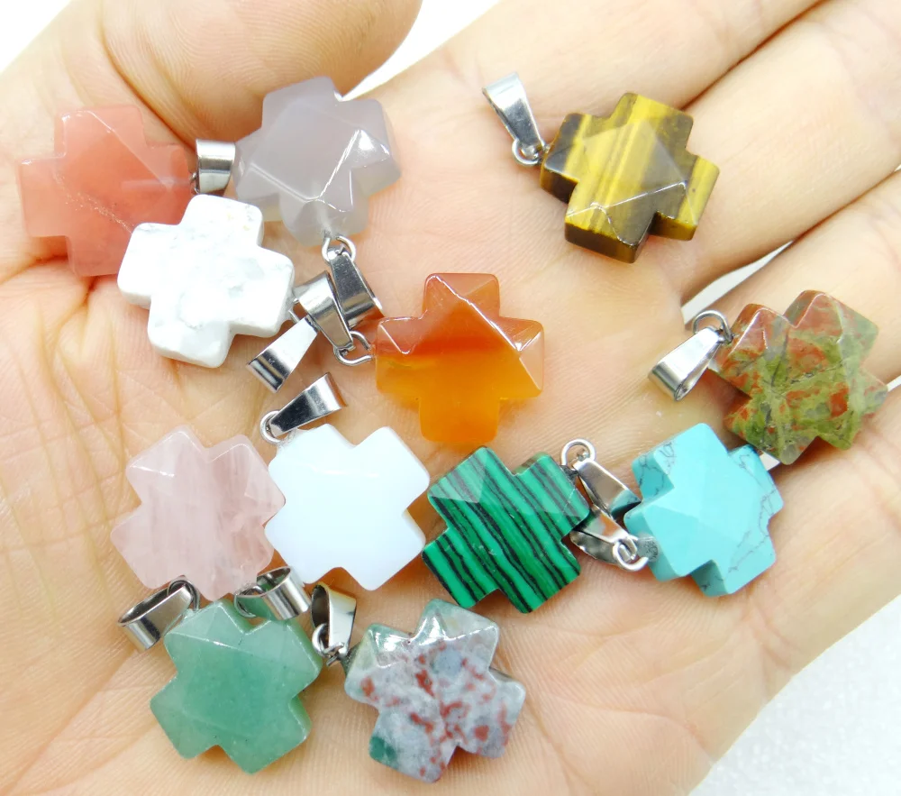 

2020 Natural Stone Mix Quartz Crystal tiger eye Opalite Unakite Charms Faceted Cross Pendant For Jewelry Making necklace 24PC