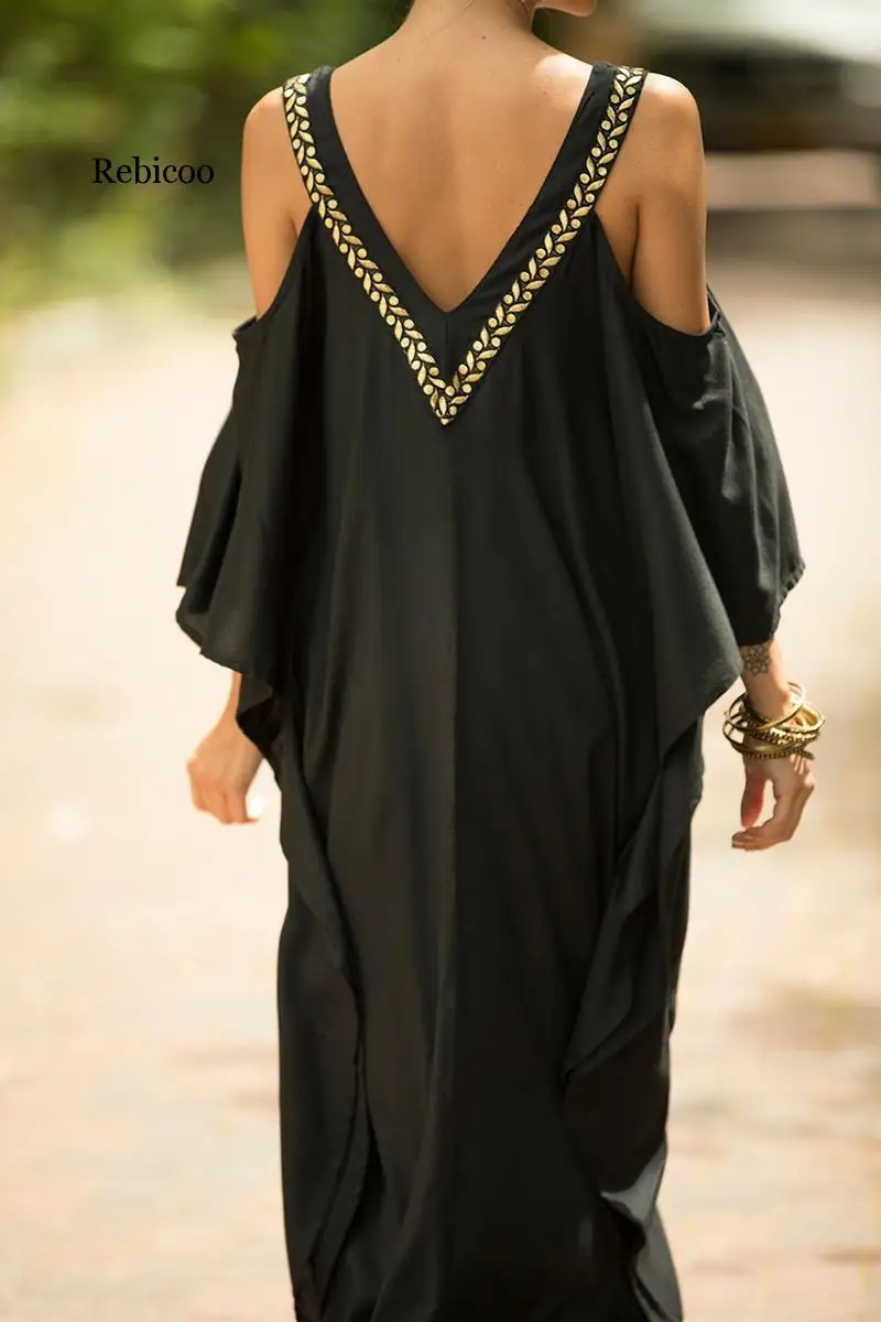 

Plus Size Embroidery Black Beach Dress Vestido Longo Robe De Plage Off Shoulder Women Sexy Dress Saida De Praia Tunic Sarong