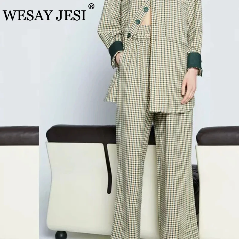 

WESAY JESI Women's Clothing TRAF Pants Side Pockets Wide Leg Pants Vintage High Elastic Waist Loose Houndstooth Plaid Trousers