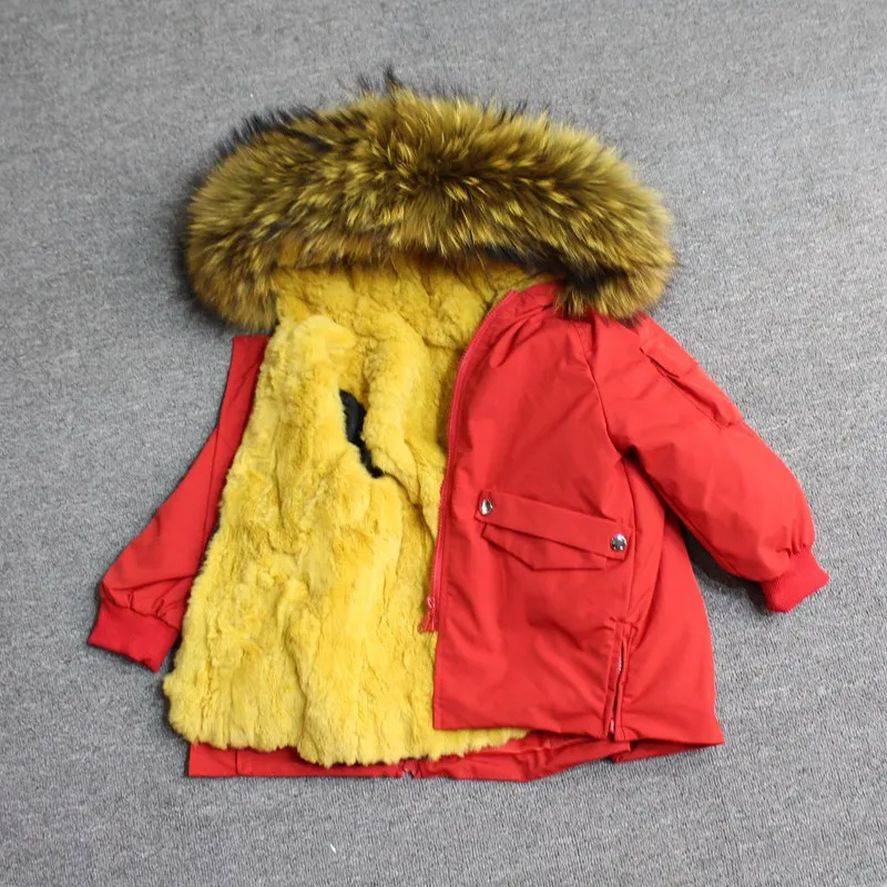 red yellow fur Для маленьких мальчиков детская зимняя куртка, детская куртка-пуховик для девочек зимняя куртка для детей в Зимняя куртка для девочек и мальчиков детские линией натурального меха кролика, парка, пальто - Цвет: red yellow fur
