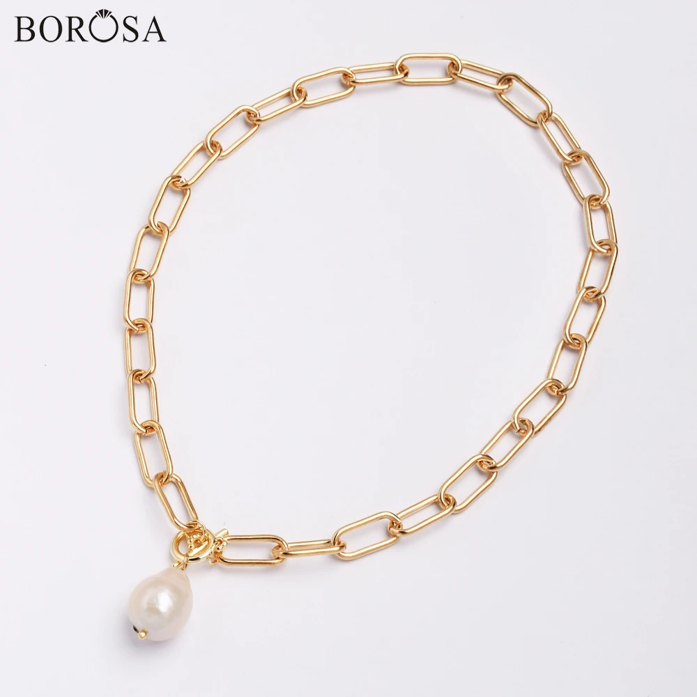 

Подвеска с натуральным жемчугом Золотые/Серебрянные хромированные длинные 14,5 дюймовое металлическое колье для женщин готика звено цепи ож...