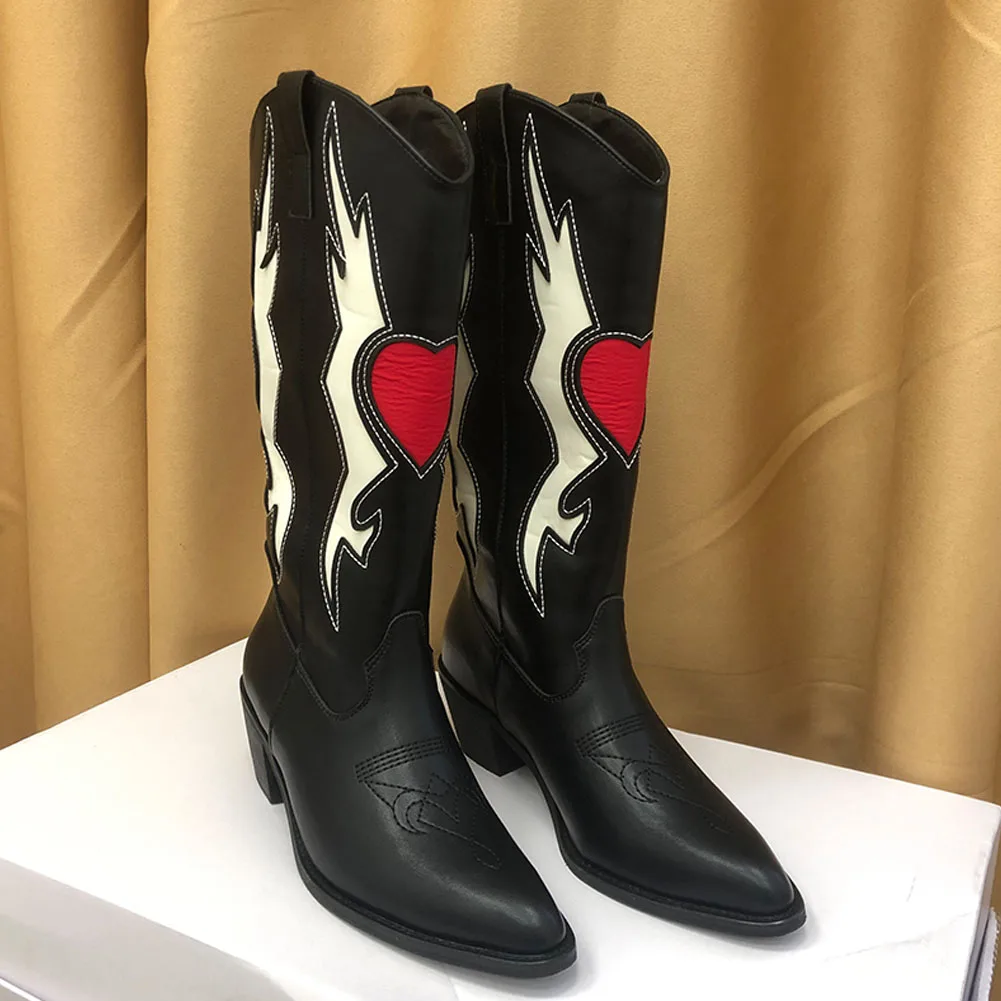 BONJOMARISA Female Love Heart Mid Calf Boots For Women Cute Cowgirls Cowboy Chunky Heel Vintage Fashion Punk Western Boots Women