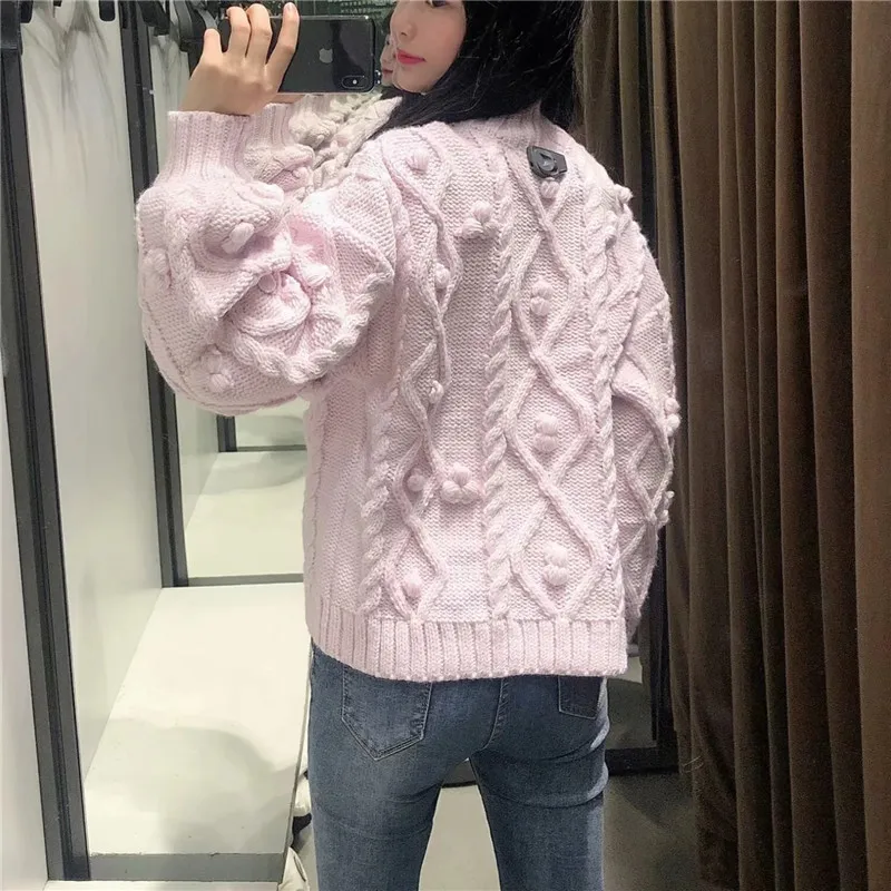 

Pink Pompoms Turtleneck Knitted Sweater Women 2020 Za Autumn Winter Long Puff Sleeve Cute Sweater Ribbed Trim Ladies Pullover