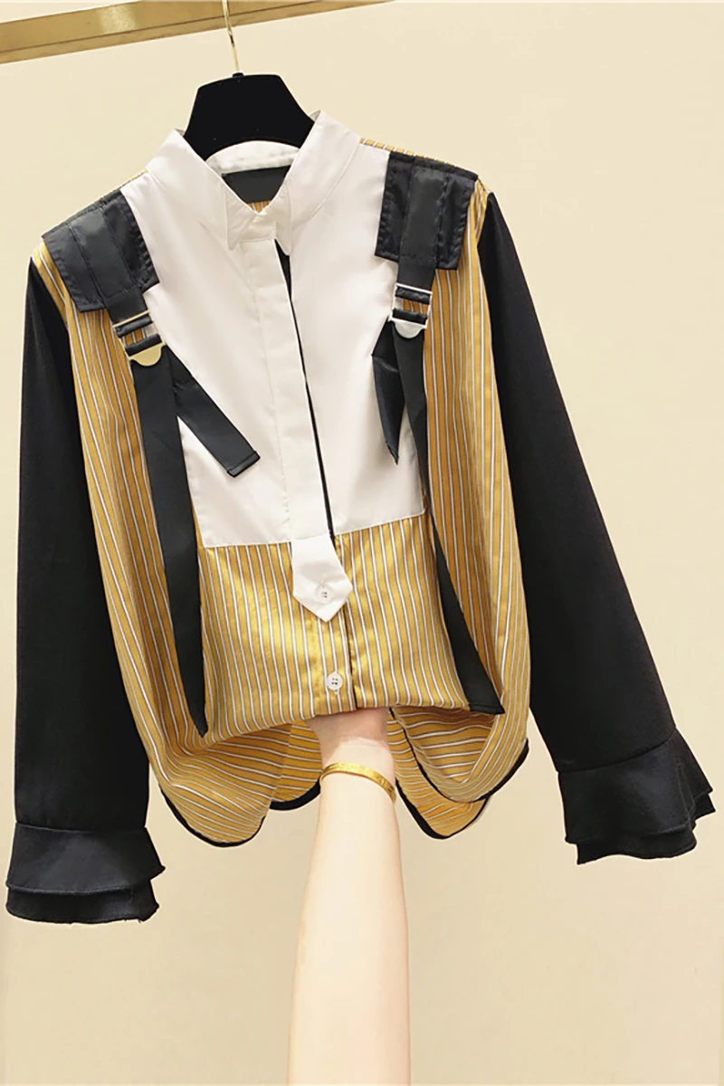 

Stripe Blouses Woman 2020 Autumn Tops Stand Collar Long Sleeve Shirt Loose Office Lady Blusas Fashion Shirts